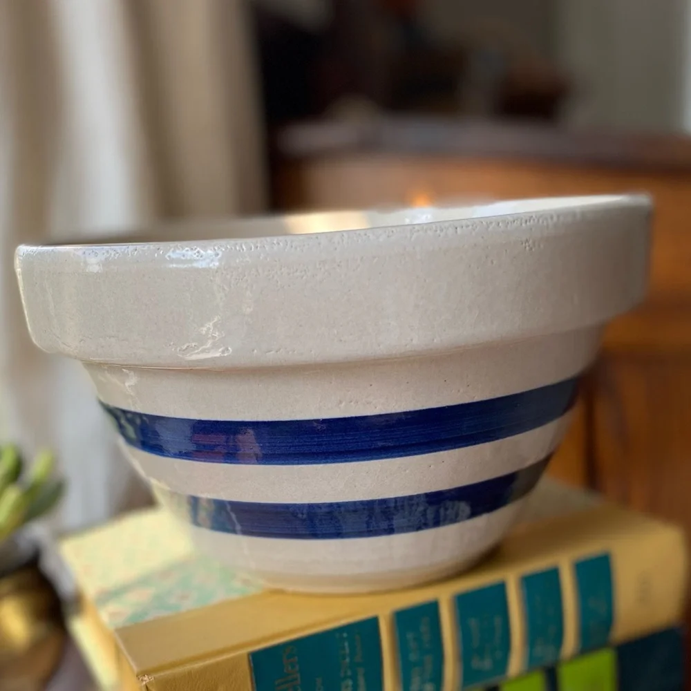 Vintage RRP Roseville Ohio Beige Blue Band 8”x5.5” Stoneware Mixing Bowl